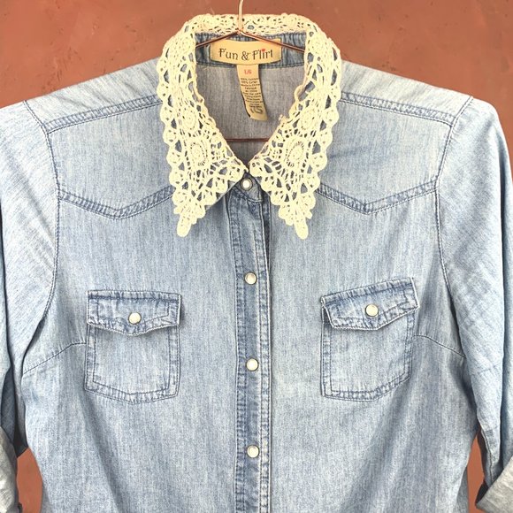 Denim Tie Front Cropped Shirt/Denim Shirt with Lace Collar/Country Style/Boho - Picture 2 of 10